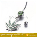 316L Surgical Steel 14G Pot Leaf Enamel Rhinestone Dangle Belly Ring